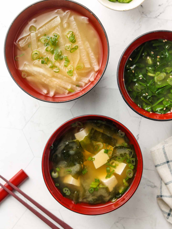 3 different vegan miso soups in bowl