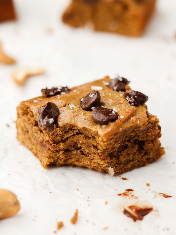 vegan cashew butter blondies bite shot