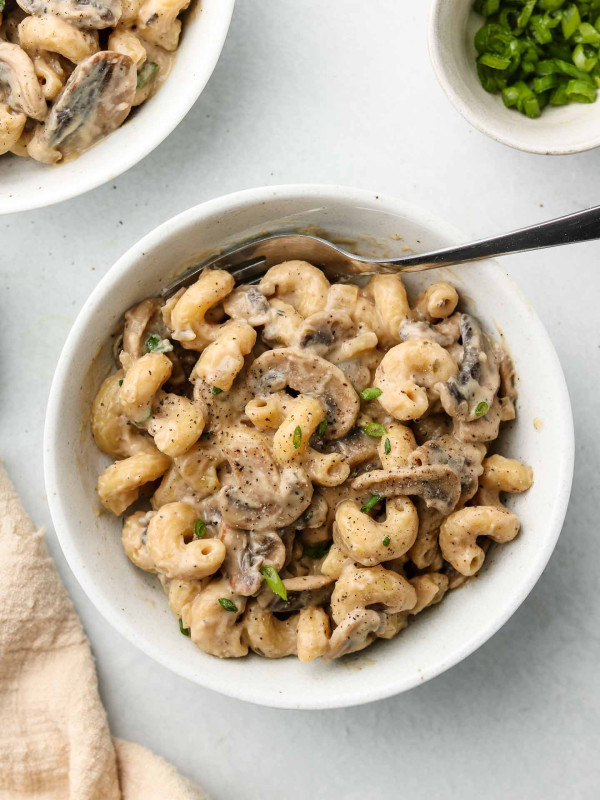 vegan mushroom stroganoff in a white bowl