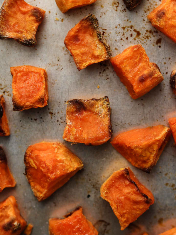 roasted sweet potatoes on a baking tray