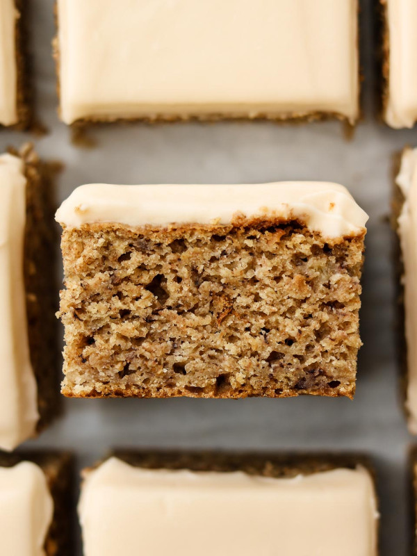 banana snack cake with custard facing up