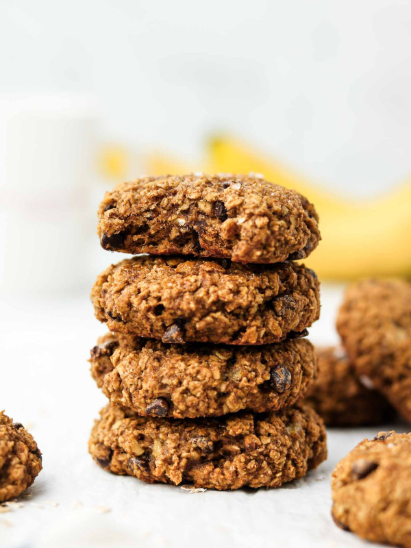chocolate chip banana oatmeal cookies stacked