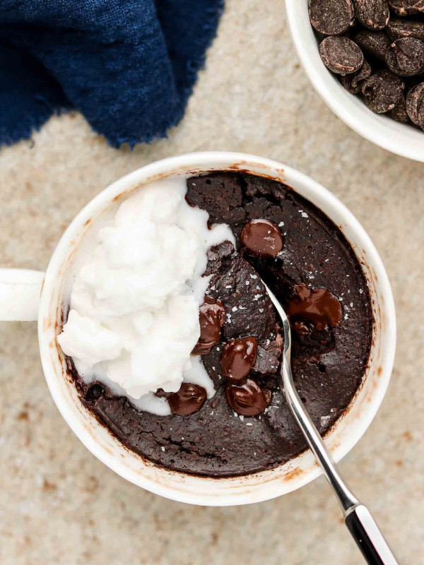 brownie in a mug with ice cream on top
