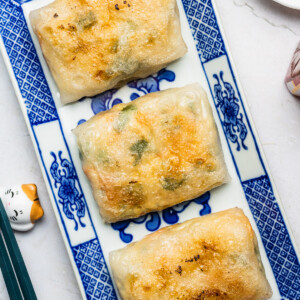 dumplings made with rice paper on a blue plate