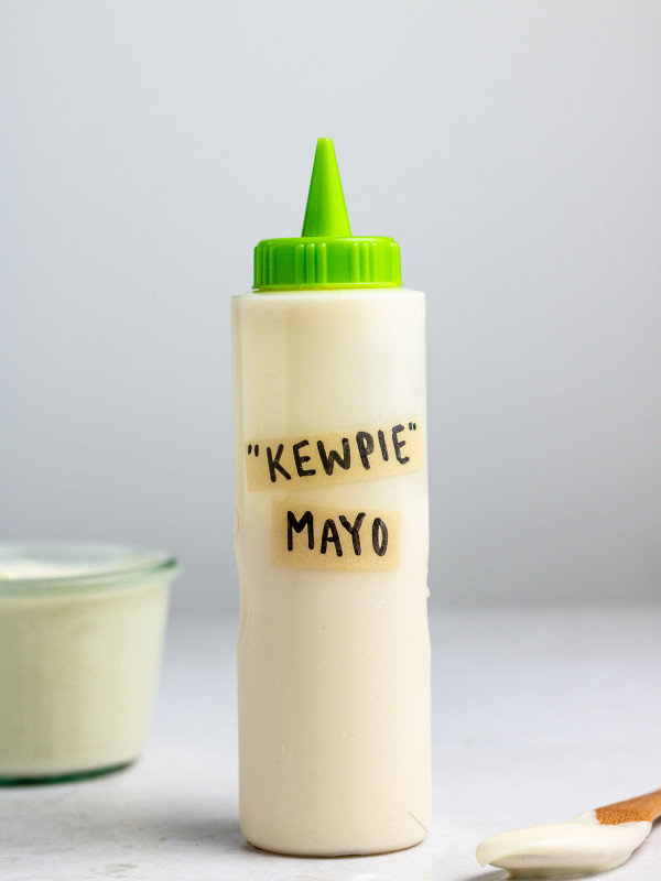 vegan kewpie mayo in a bottle with green lid