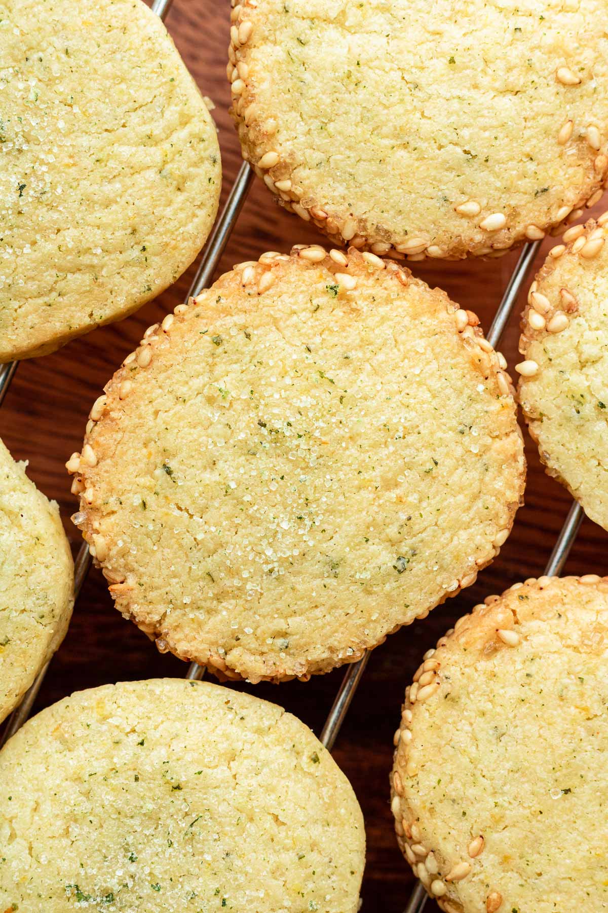 lemon shiso shortbread cookies on a wooden board