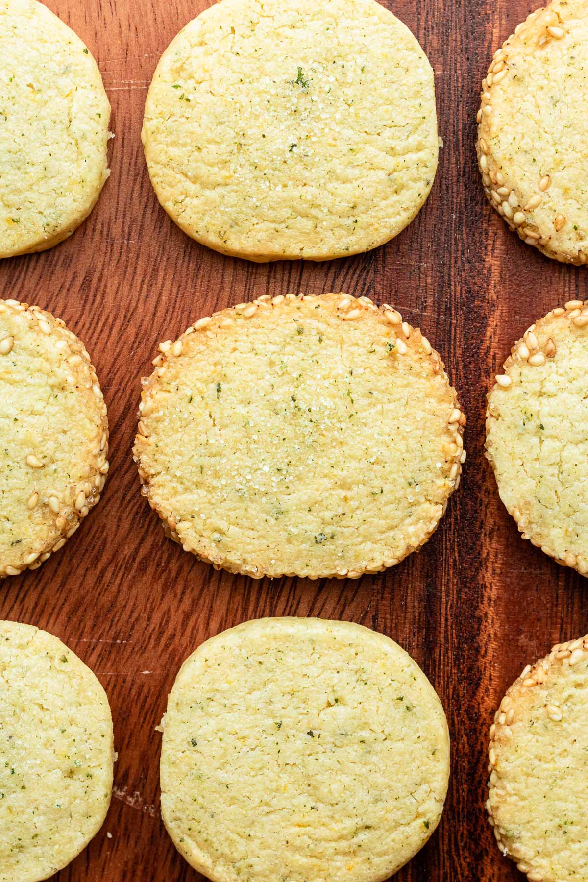 lemon shiso shortbread cookies on a wooden board