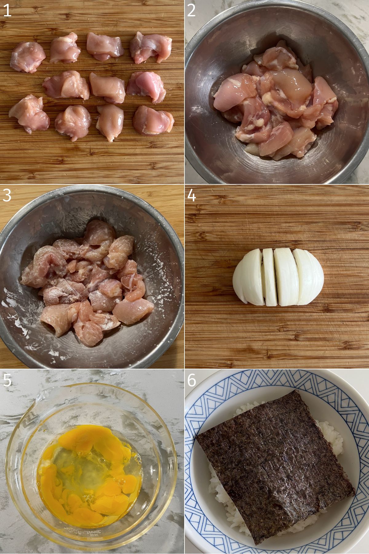 bite size pieces of chicken, chicken in a metal bowl, sliced onions and lightly whisked eggs, rice with nori on top