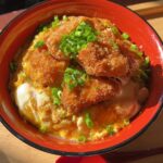 katsudon in a red bowl
