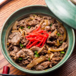 japanese beef bowl in a green donburi with pickled red ginger on top