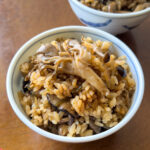 Japanese mushroom rice in a blue bowl