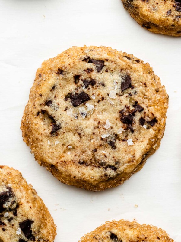 miso shortbread cookies with brown butter and chocolate chunks on parchment paper