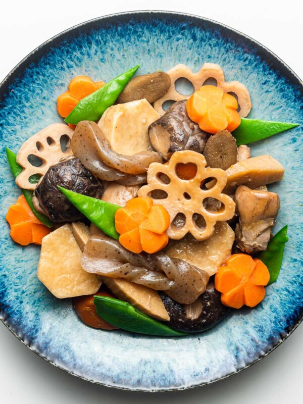chikuzenni (simmered chicken and vegetables) in a blue bowl