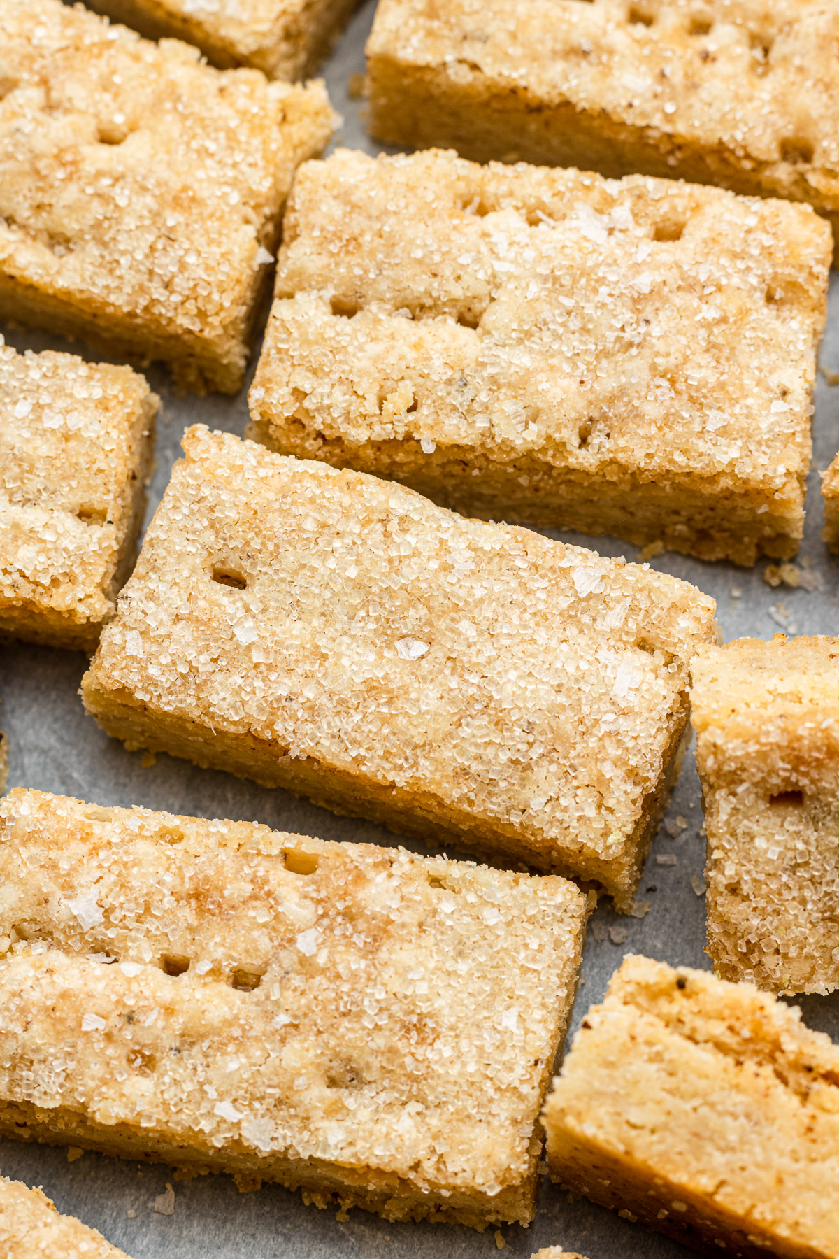 brown butter shortbread sliced on parchment paper