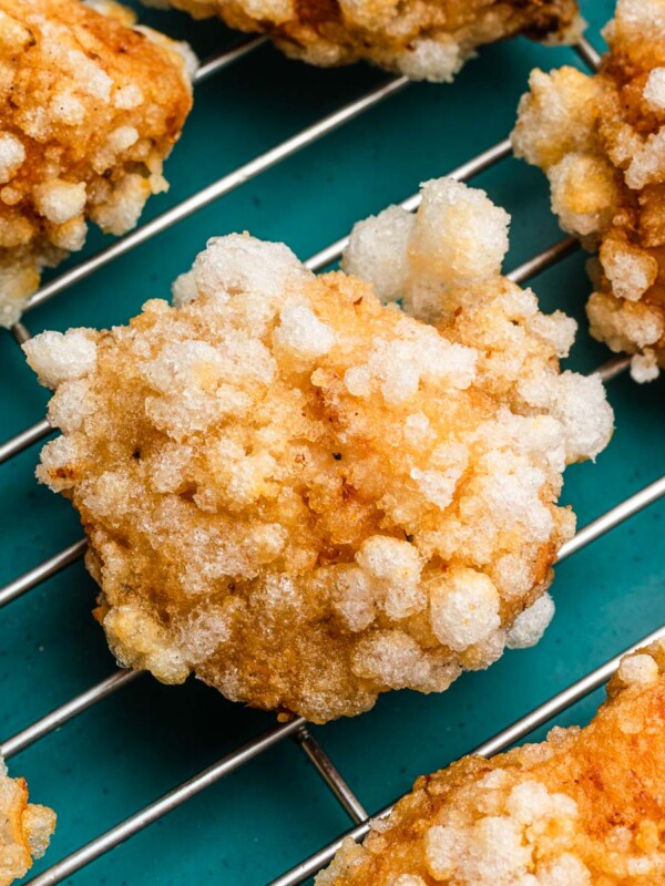 crispy chicken karaage made with chicken breast on a wire tray