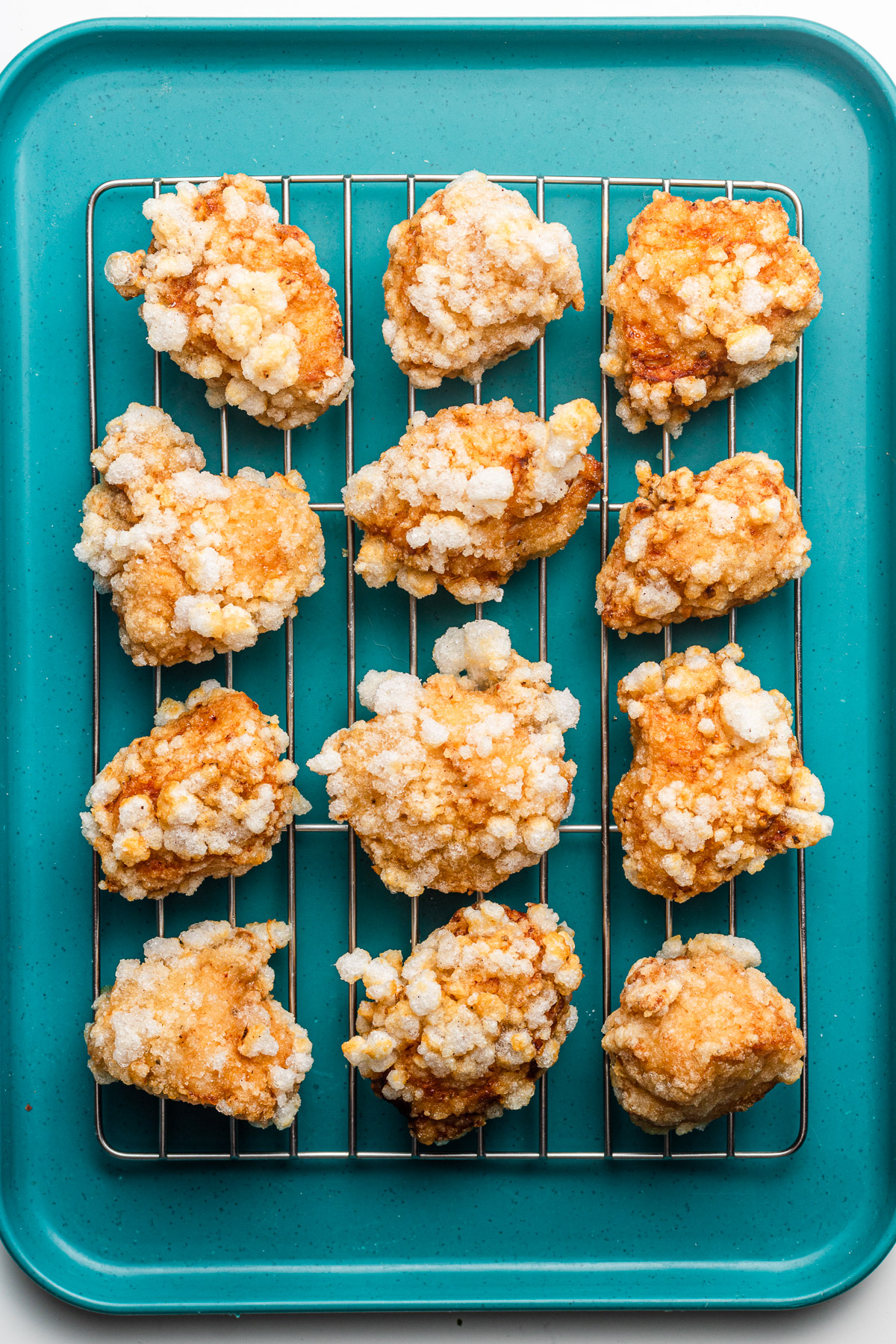 crispy chicken karaage on a teal tray