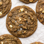 hojicha white chocolate cookies on parchment paper