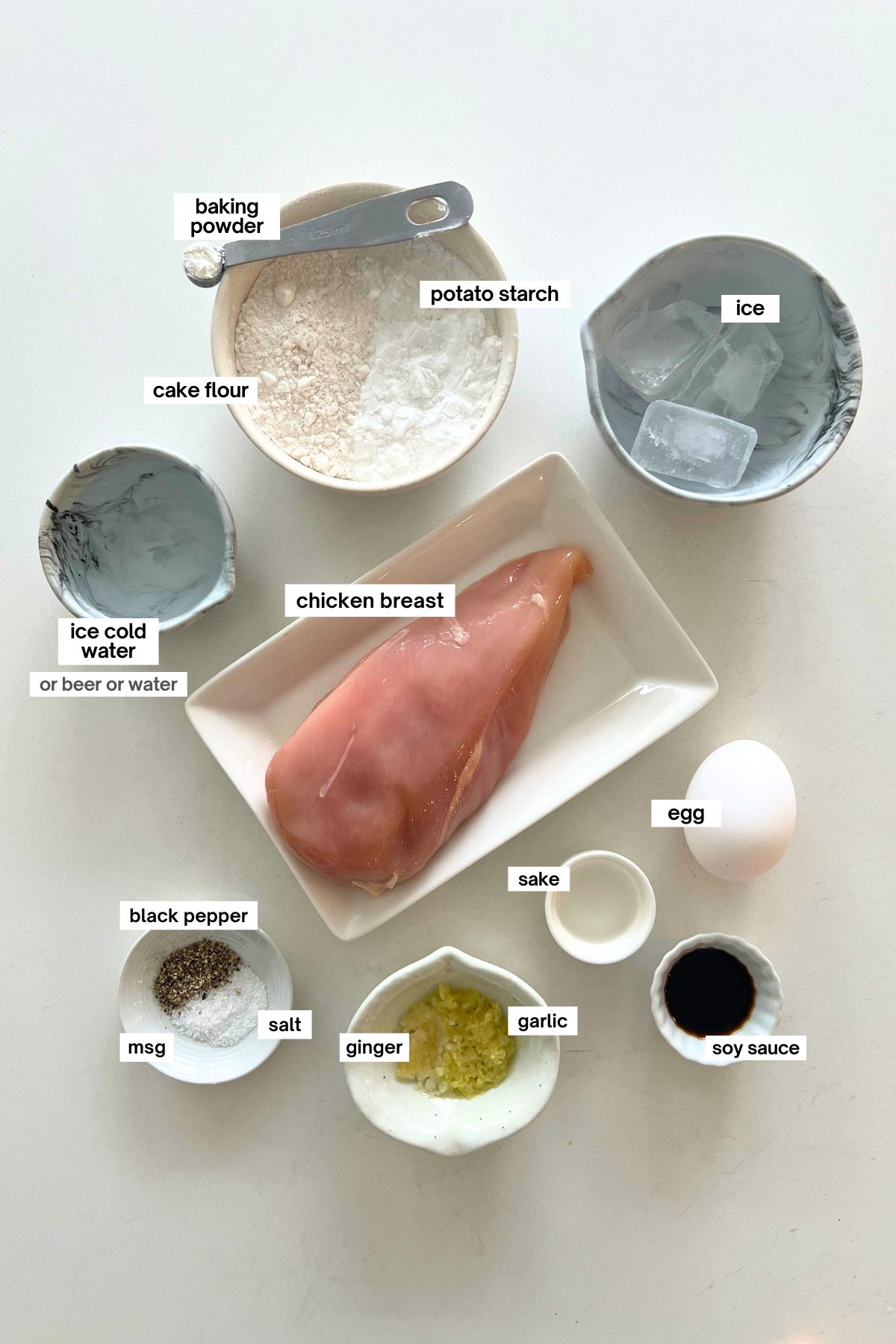 chicken tempura ingredients in small bowls