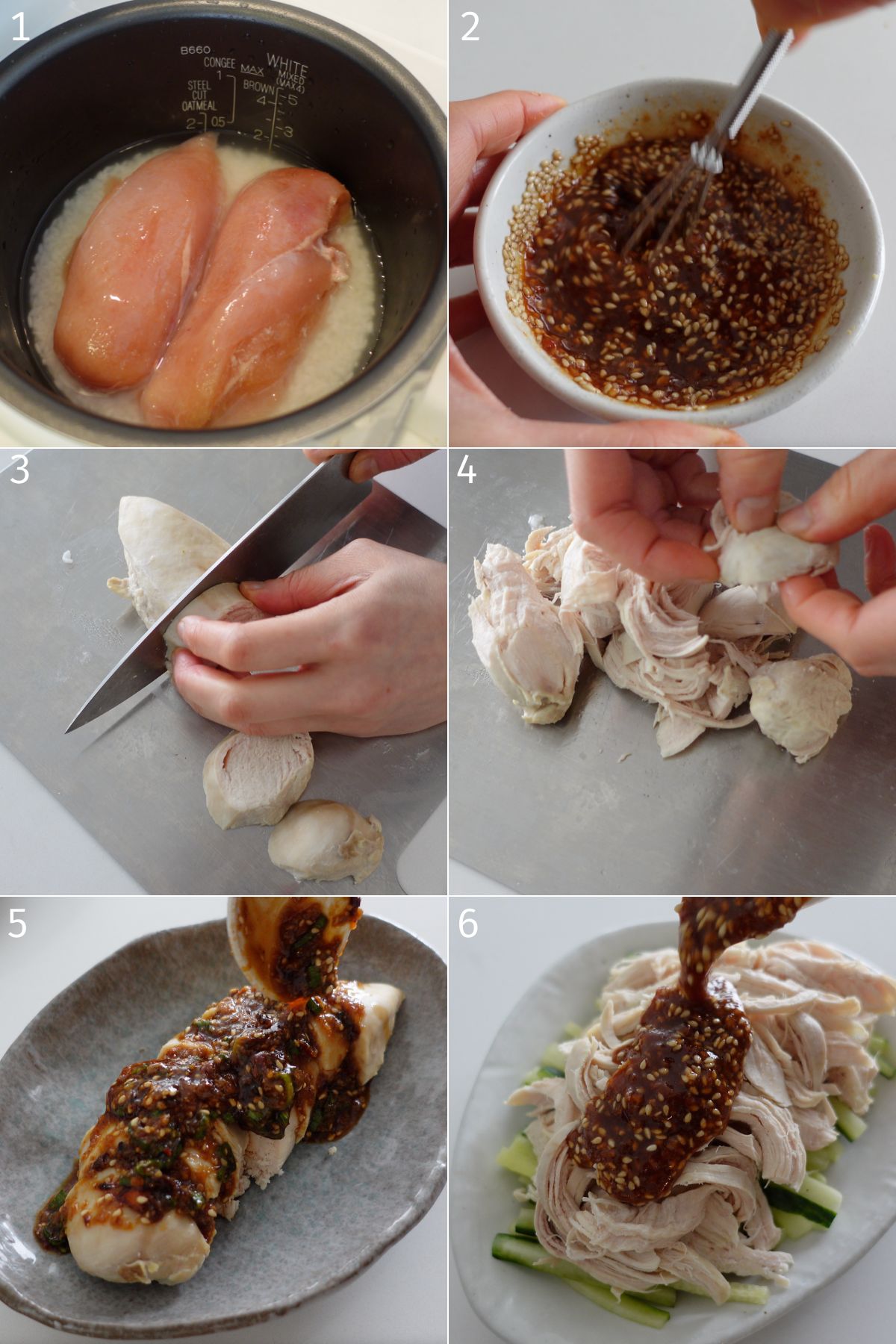 cooking chicken breast in a rice cooker and serving with chili oil sauce