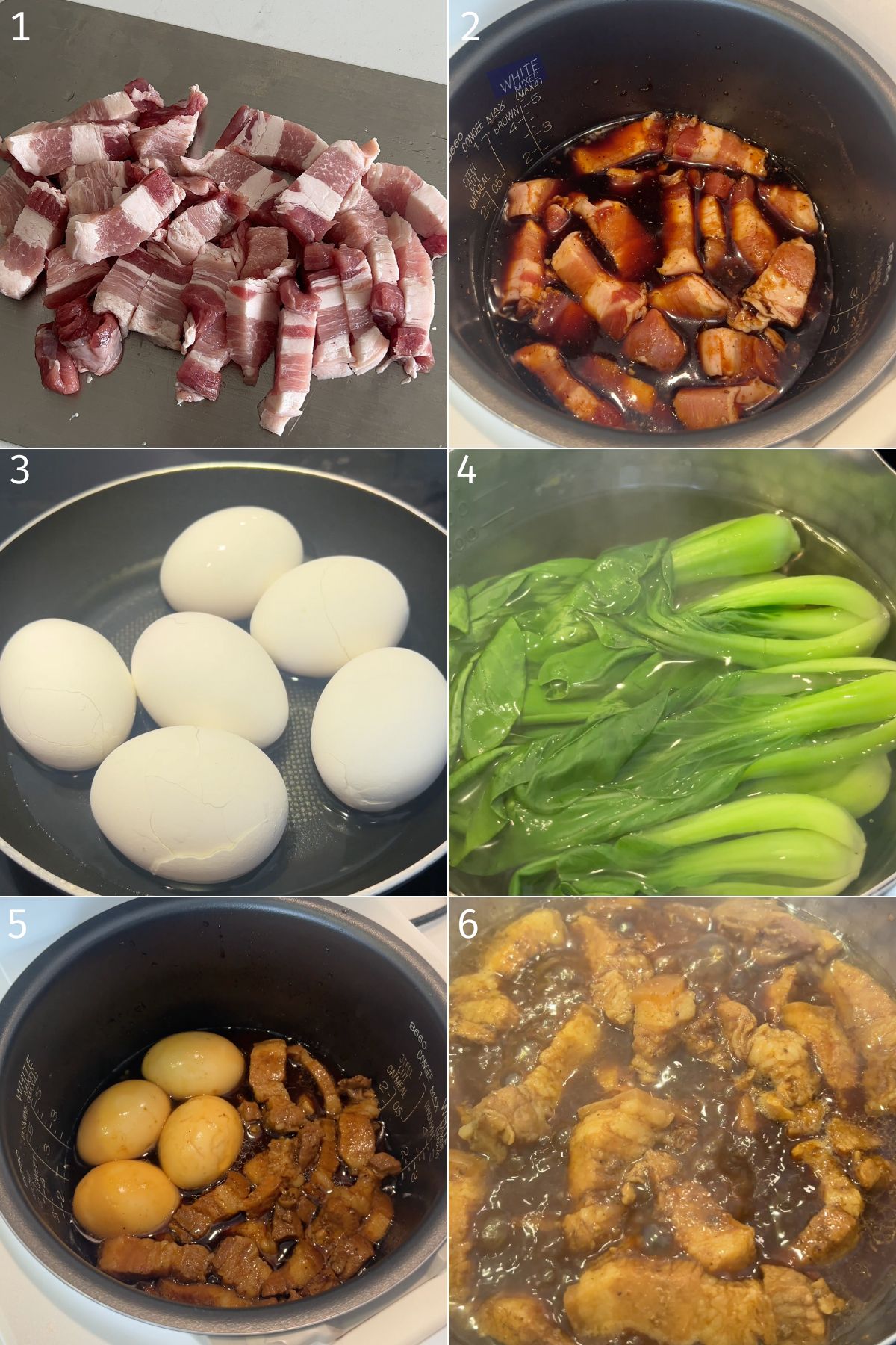pork belly, eggs and bok choy in a rice cooker pot