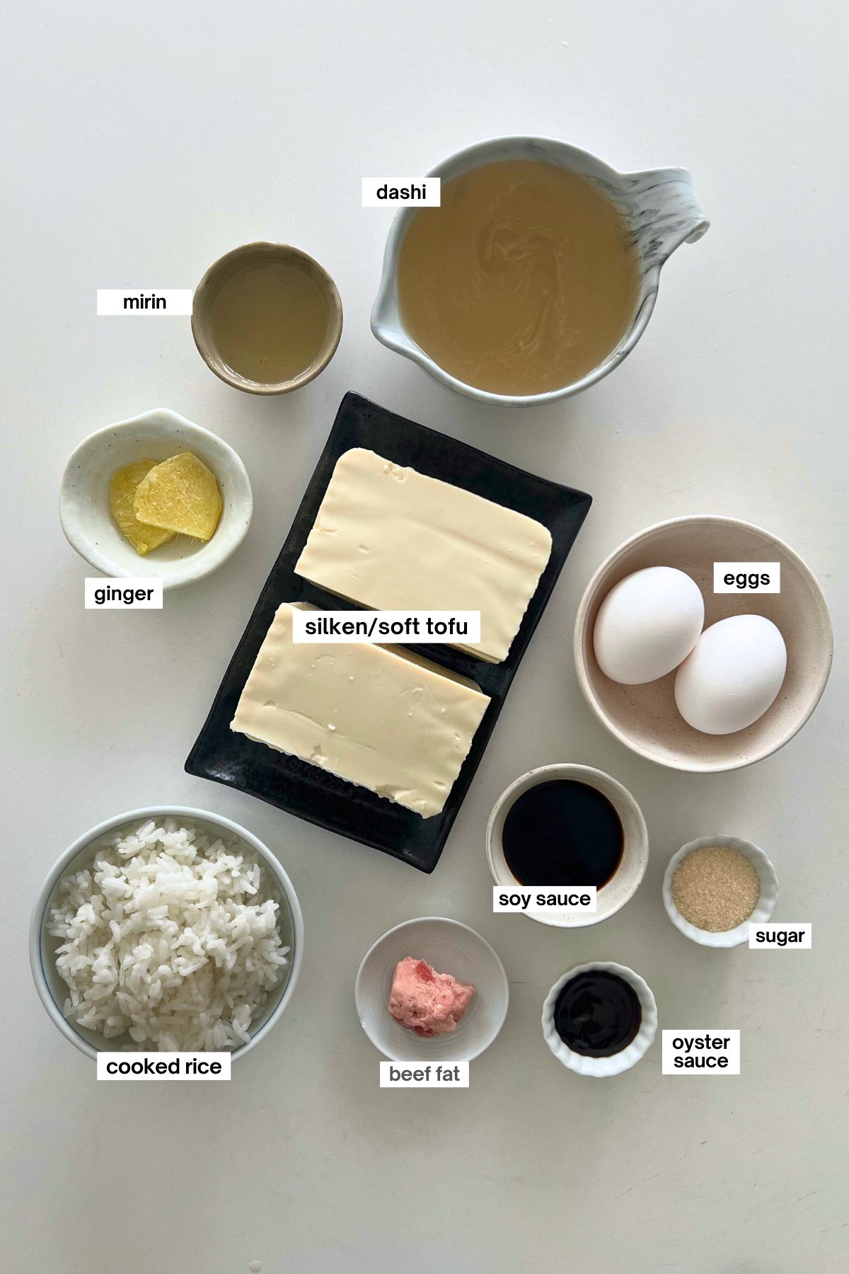 ingredients for tofu and rice (toumeshi) in small bowls
