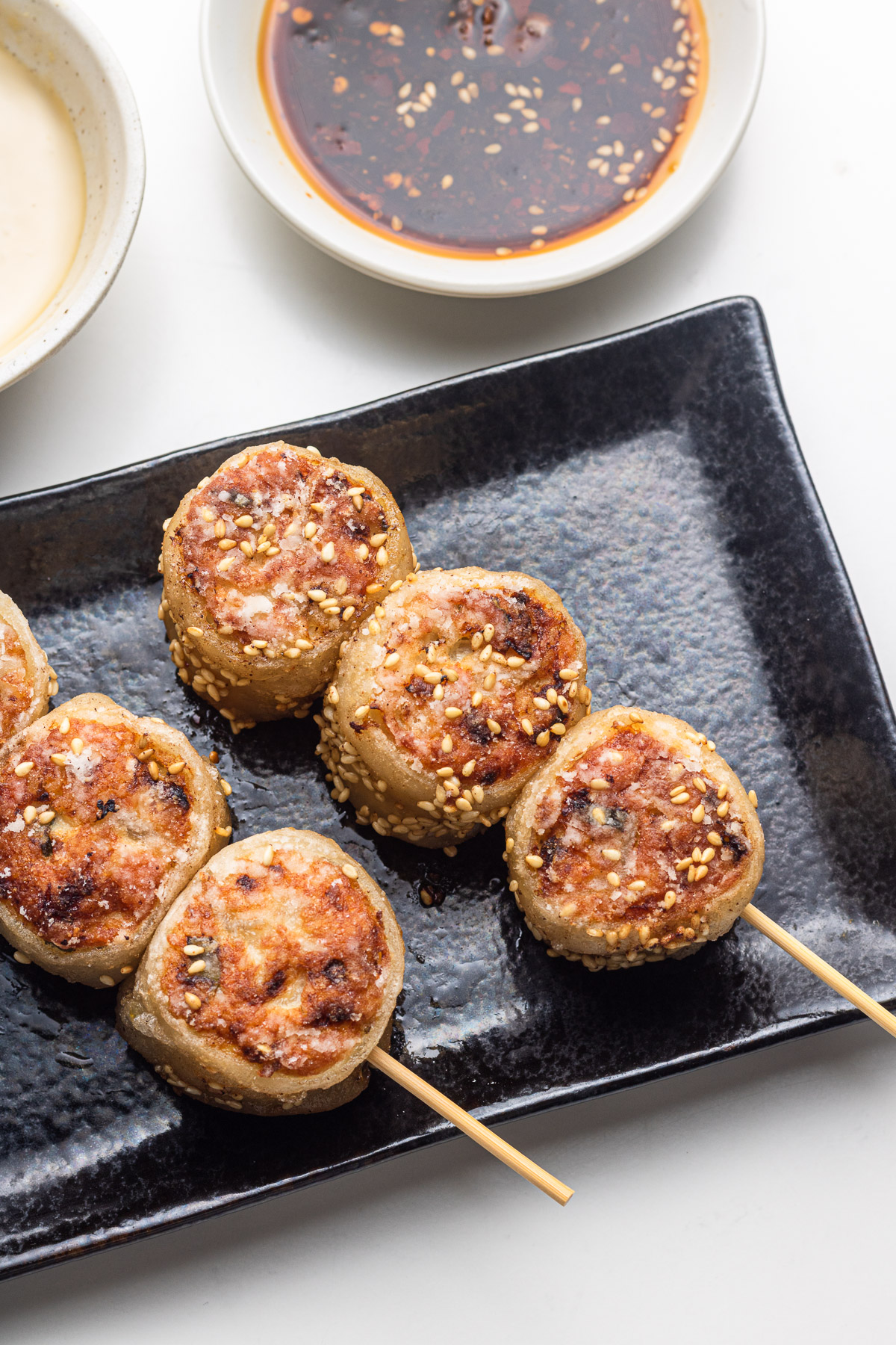 chicken dumplings on skewers