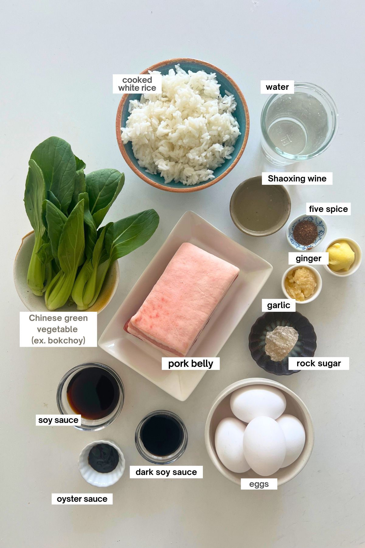 ingredients for taiwanese braised pork rice (lu rou fan) in bowls