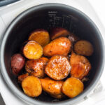 sweet potatoes and teriyaki chicken in a rice cooker pot
