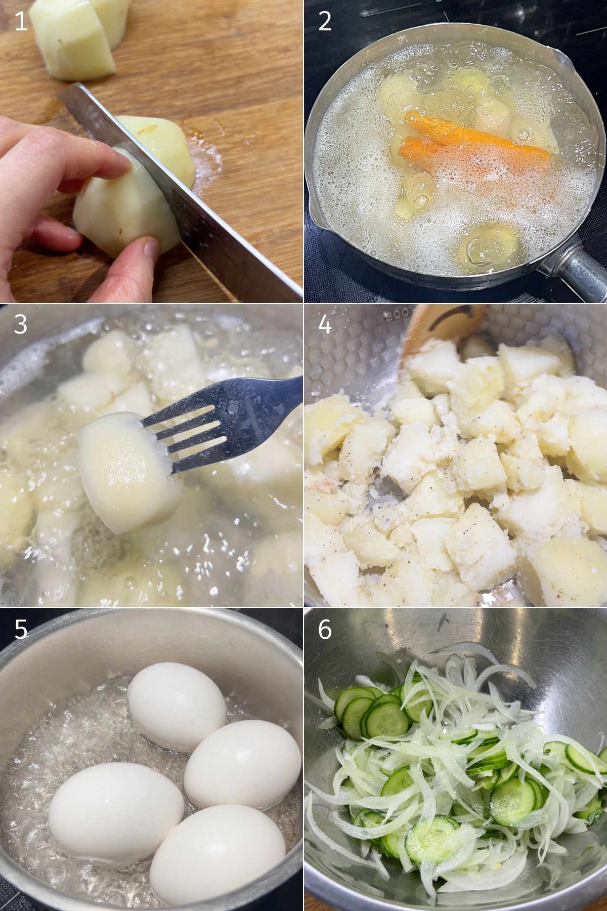 chopping and cooking russet potatoes and eggs for potato salad
