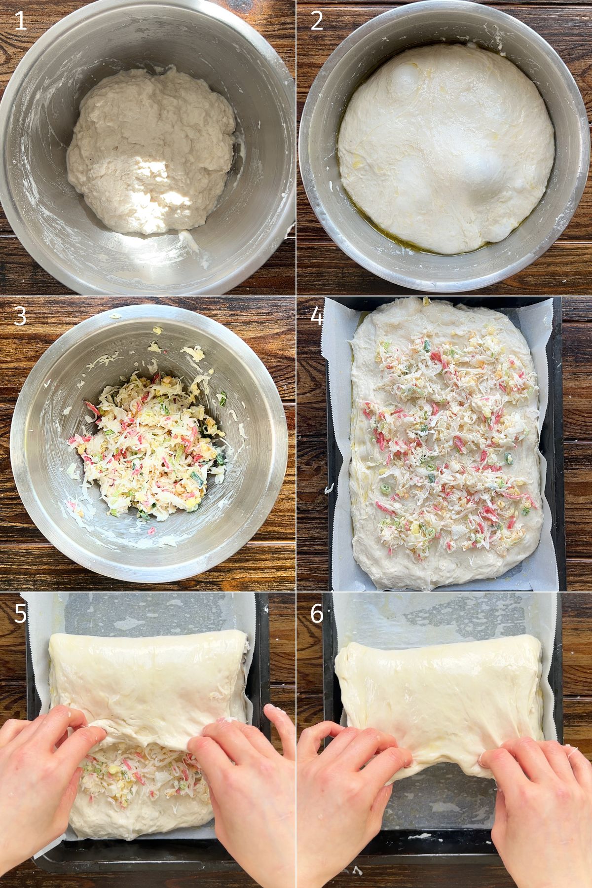folding ingredients into focaccia dough