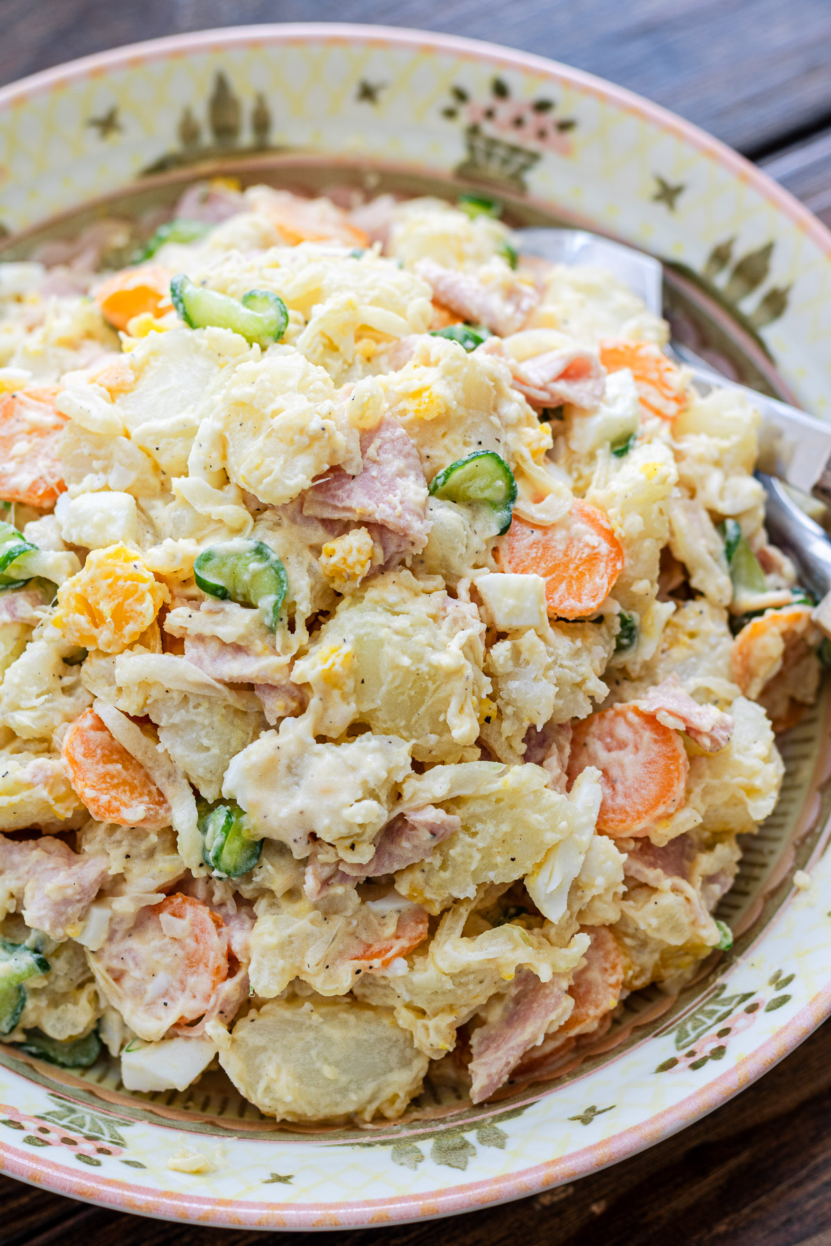 japanese potato salad in a serving shallow bowl