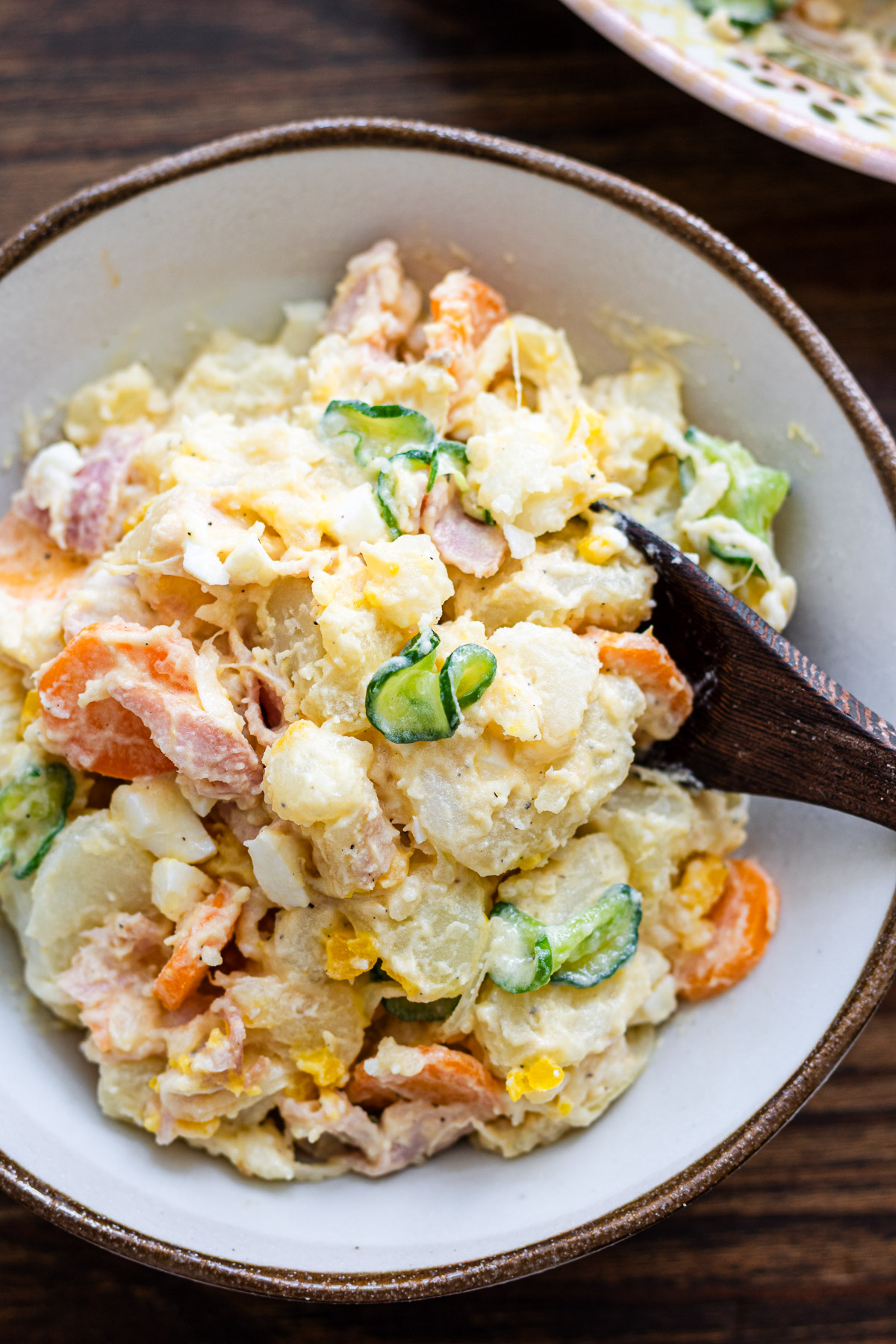 potato salad with cucumber, carrot, ham, onion, egg and kewpie mayonnaise