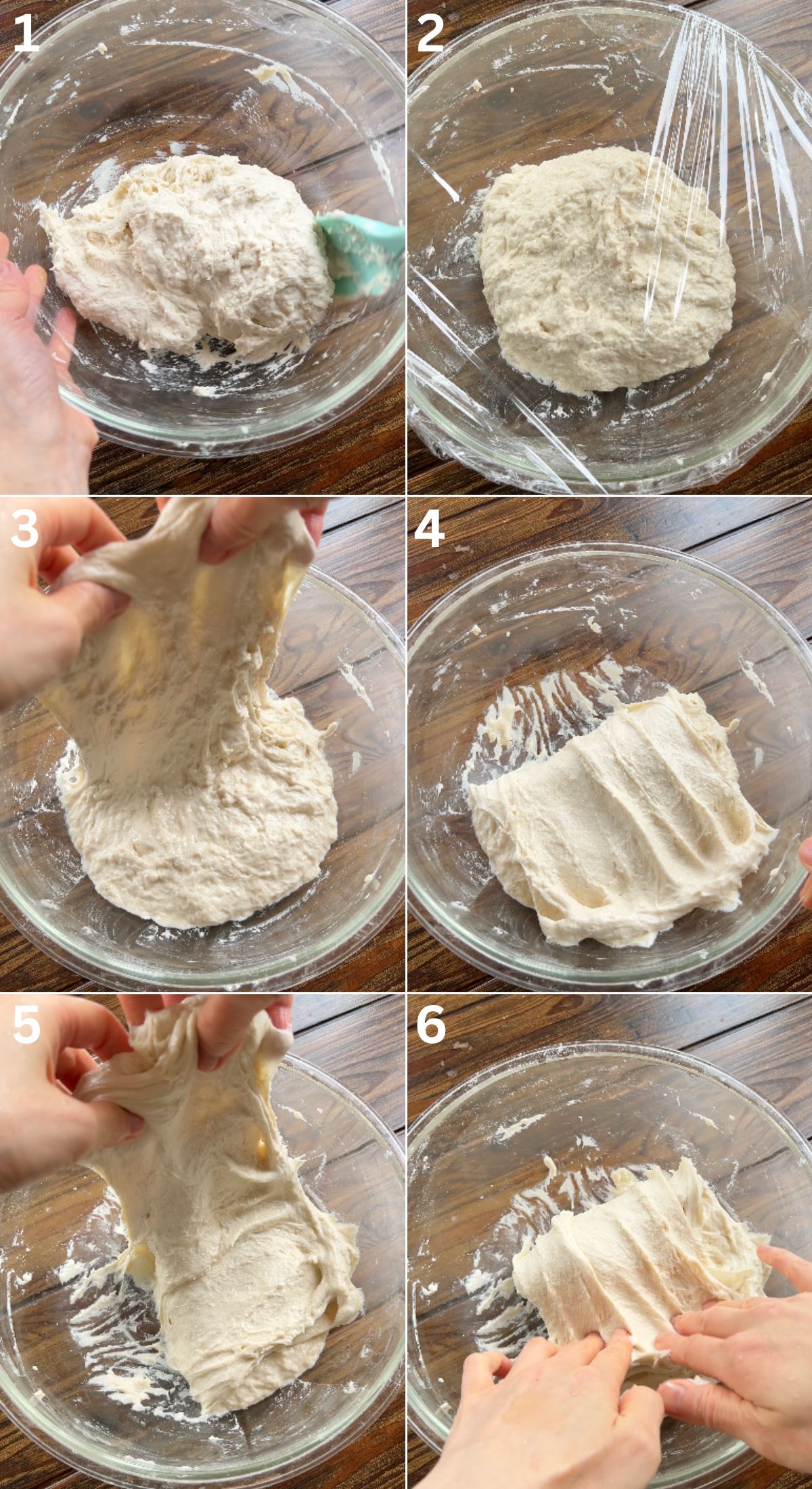 mixing focaccia dough in a glass bowl