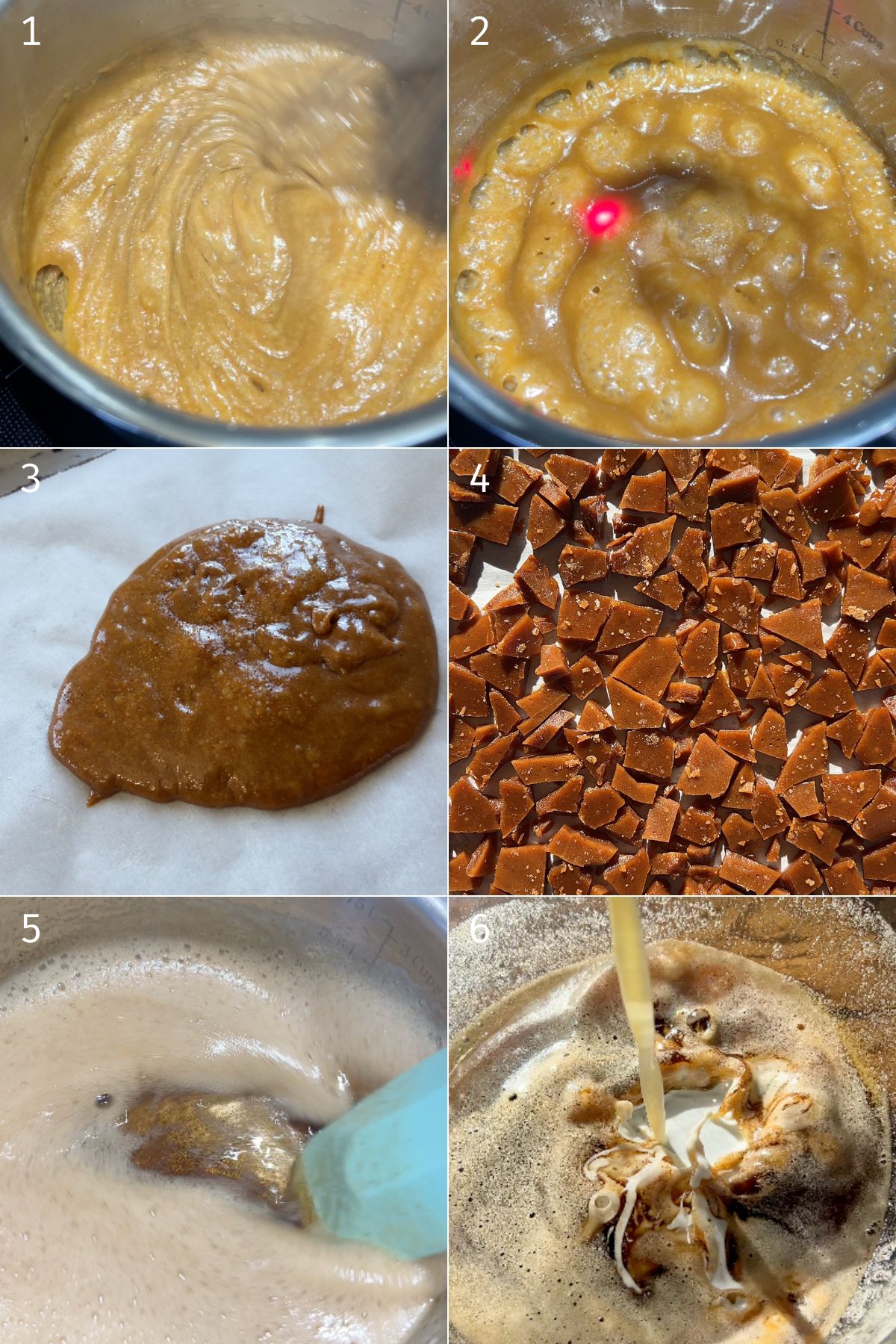 making miso toffee in a pot and cracking it on parchment paper