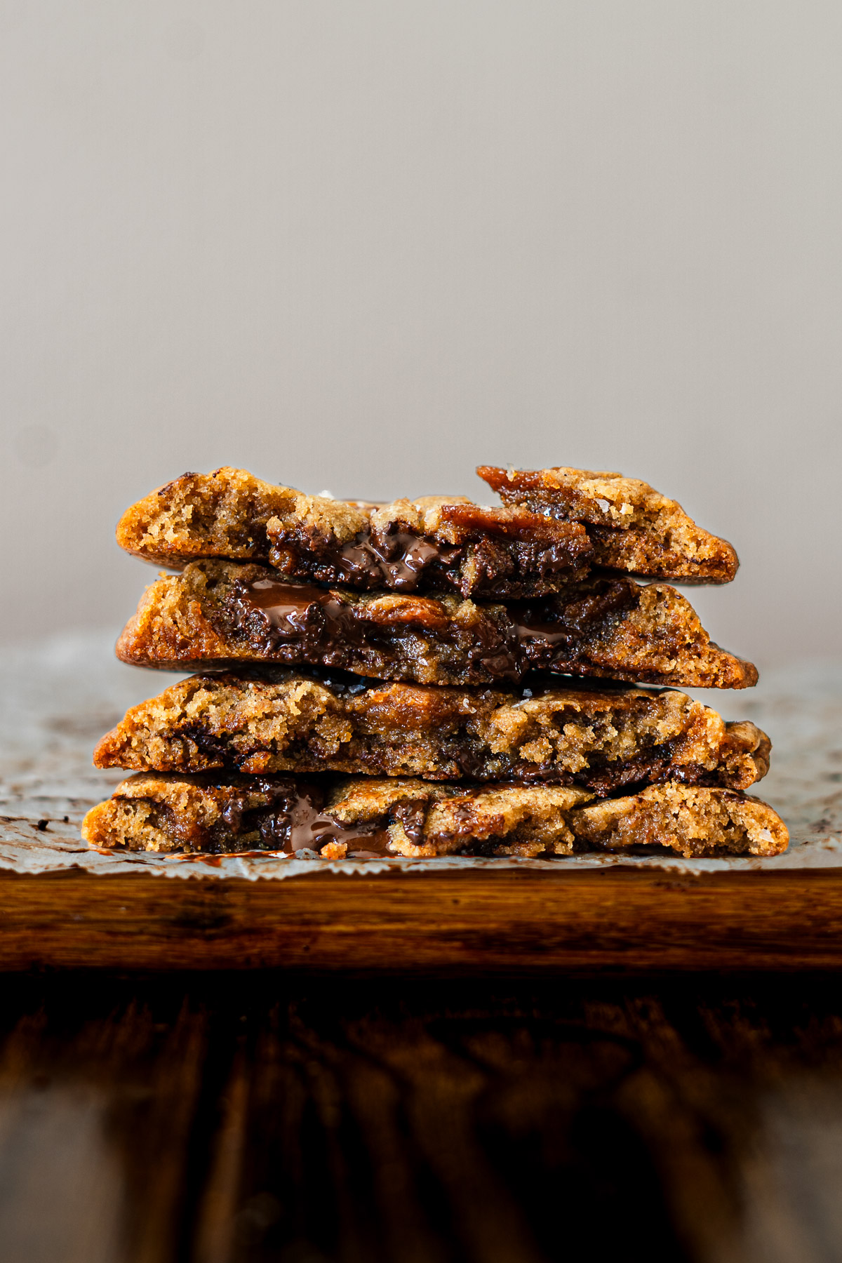miso toffee chocolate chip cookies stacked on each other