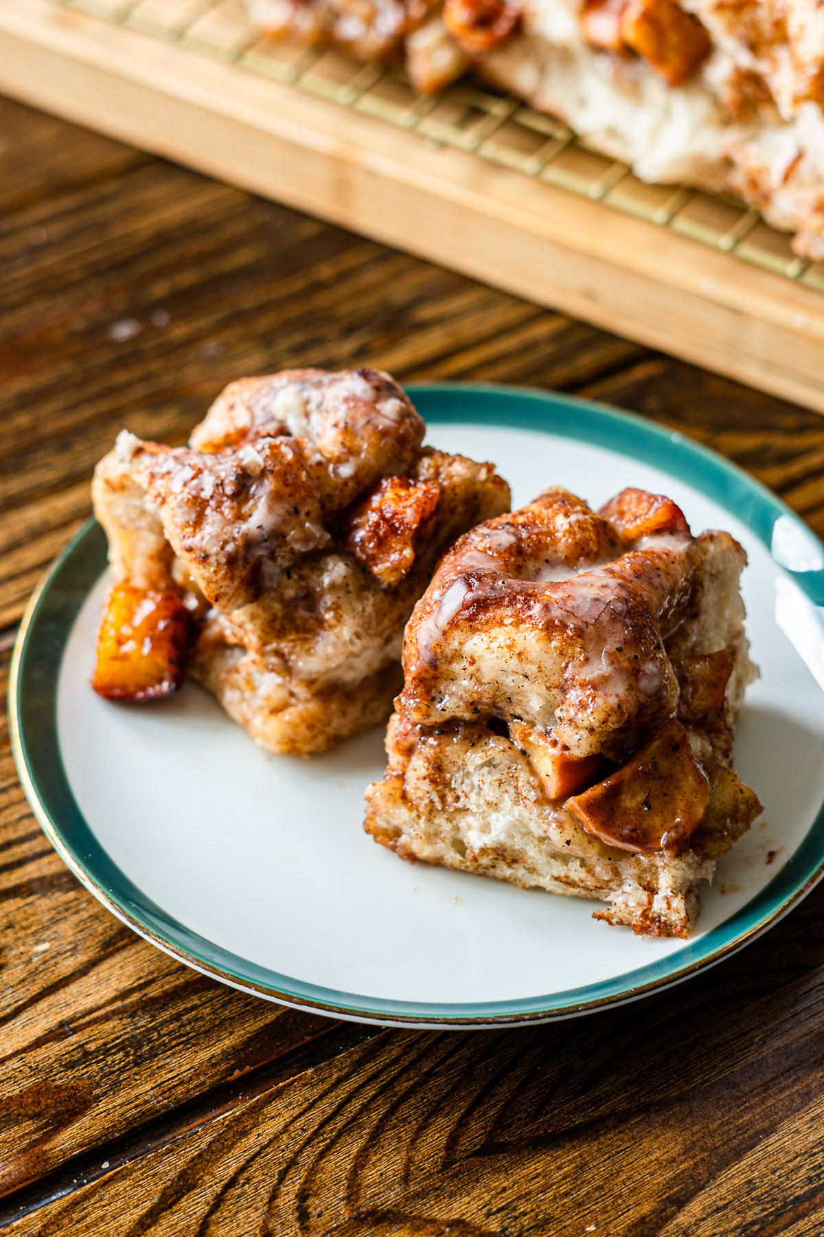 apple fritter focaccia on a green rimmed plate