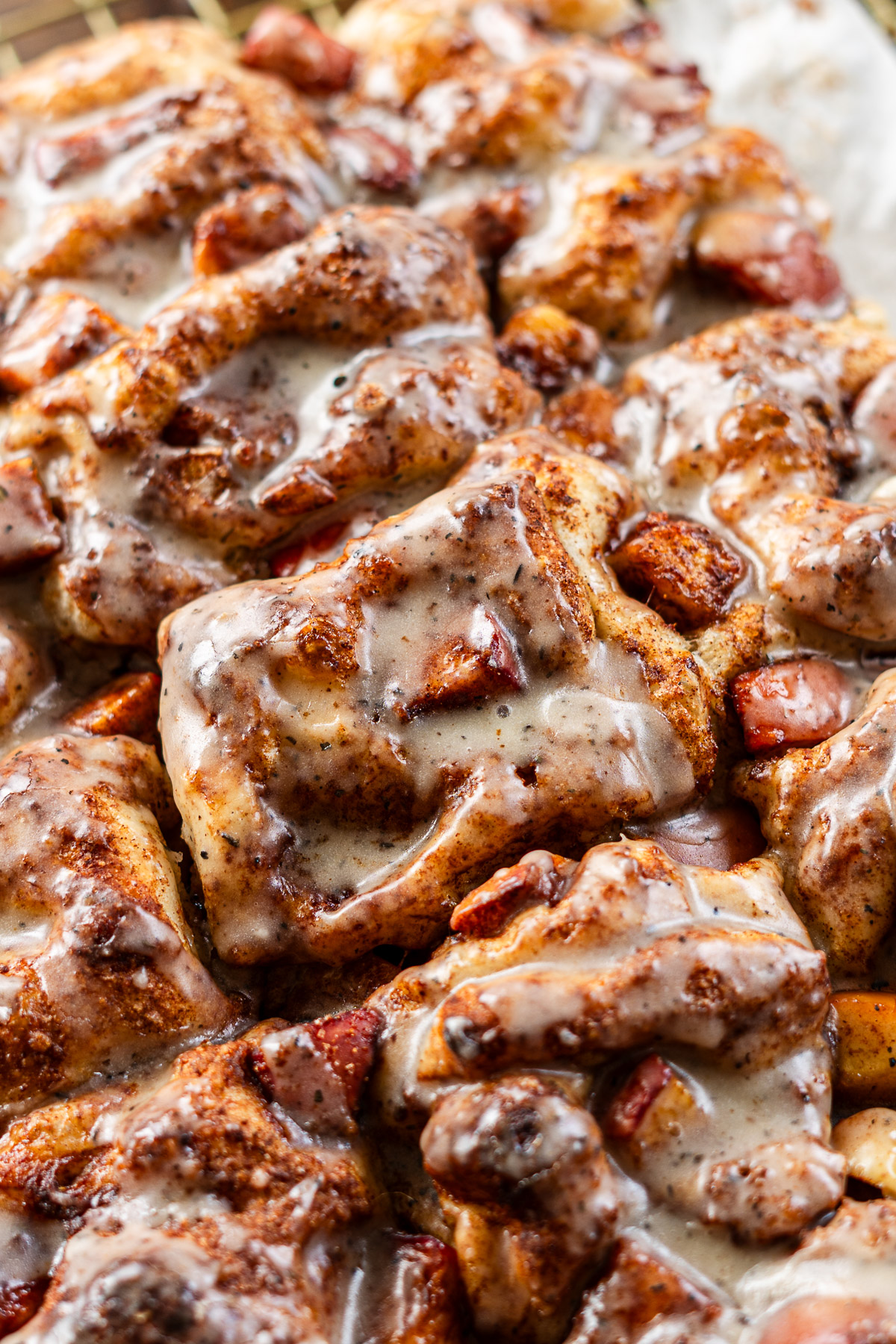 brown butter glaze drizzled all over cinnamon apple focaccia