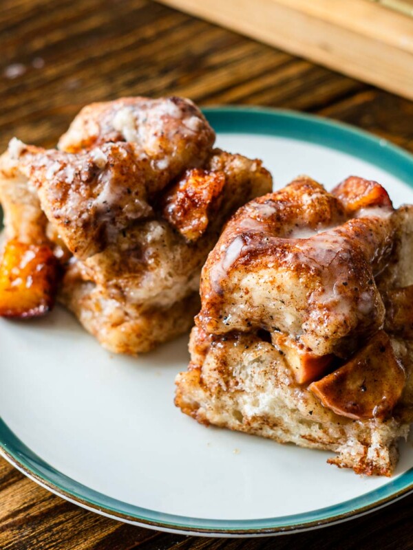 cinnamon sugar apple fritter focaccia on a green rimmed plate