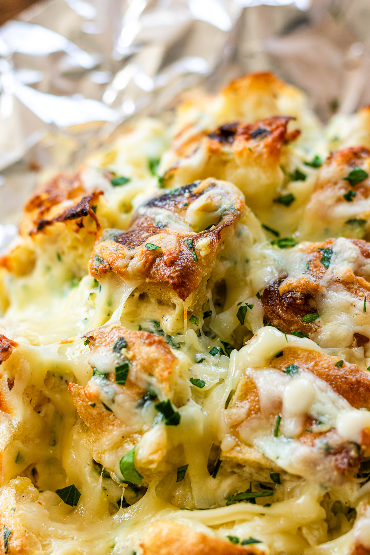 pull apart focaccia stuffed with garlic cream cheese, cheese and korean garlic custard