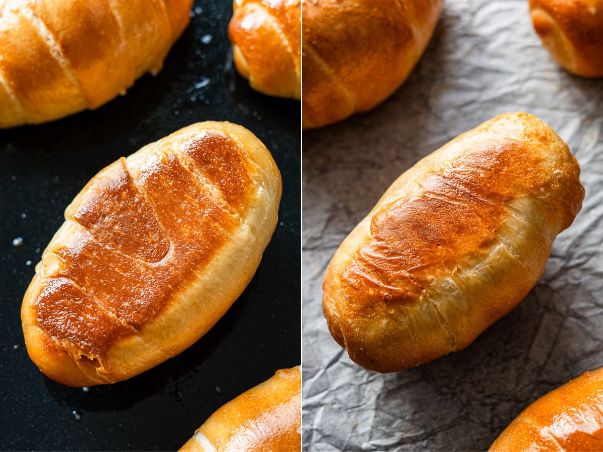 crispy fried bottom salt bread on a baking pan and parchment paper