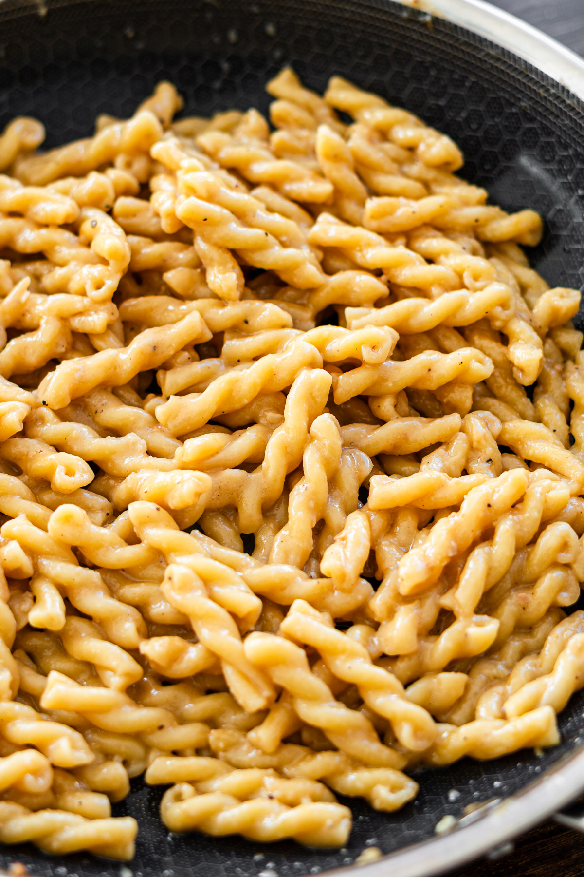 miso butter pasta in a black pan