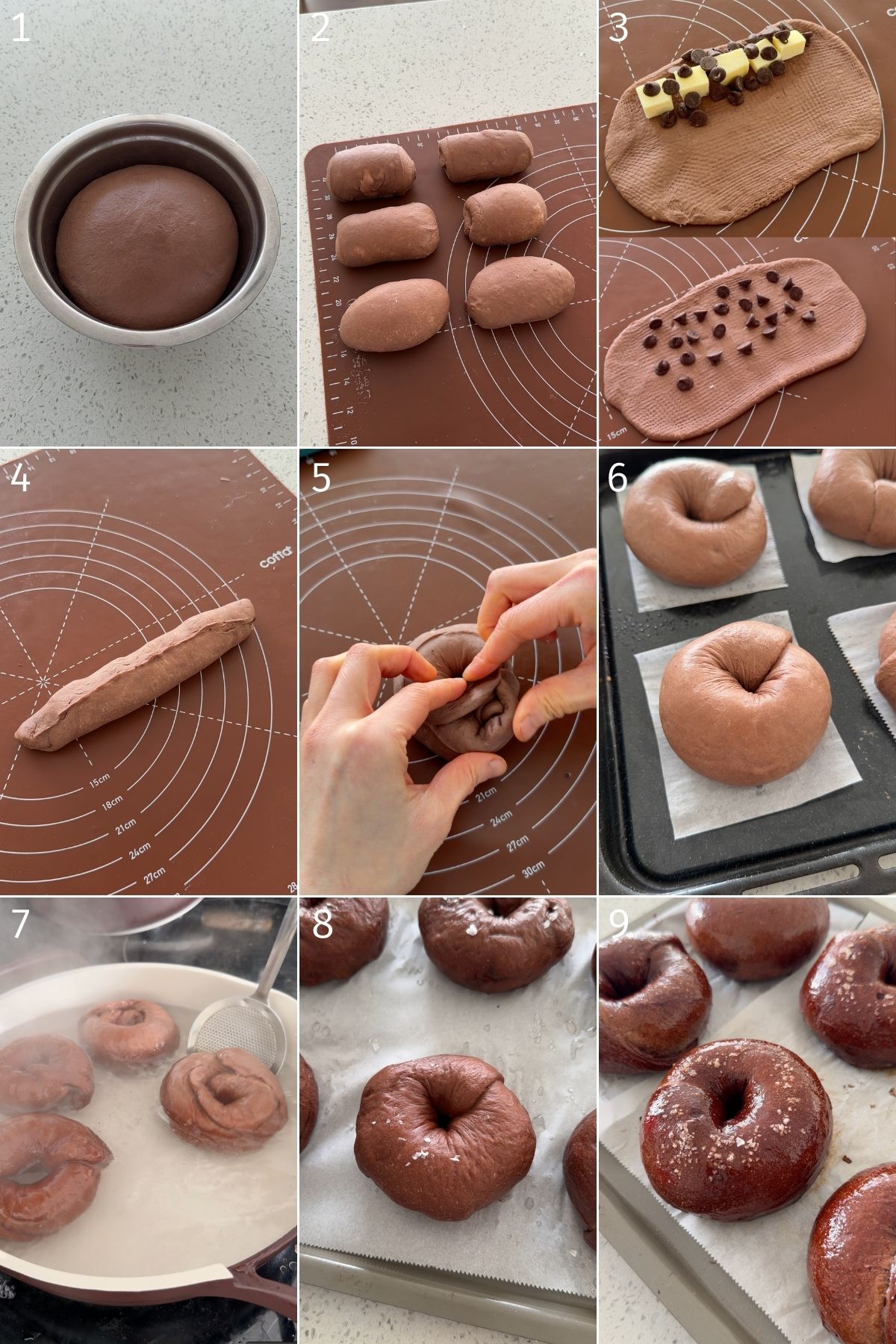 butter and chocolate in chocolate dough, shaping japanese style chocolate bagels, boiling in water and baking