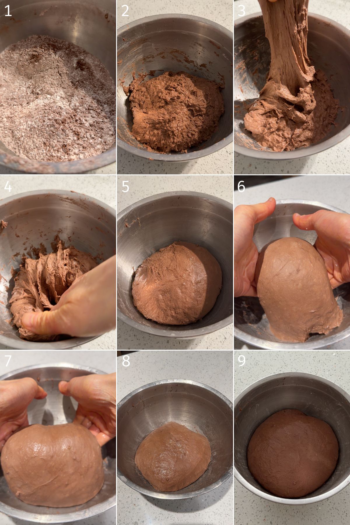 making chocolate focaccia dough in a bowl with stretch and folds, coil folds and proofing