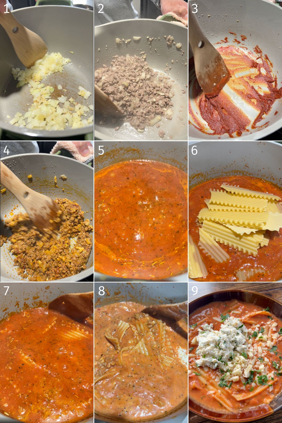 cooking lasagna soup in a large our place pot by sauteeing onions, cooking ground beef, adding canned tomato, lasagna noodles, heavy cream and serving with herby ricotta