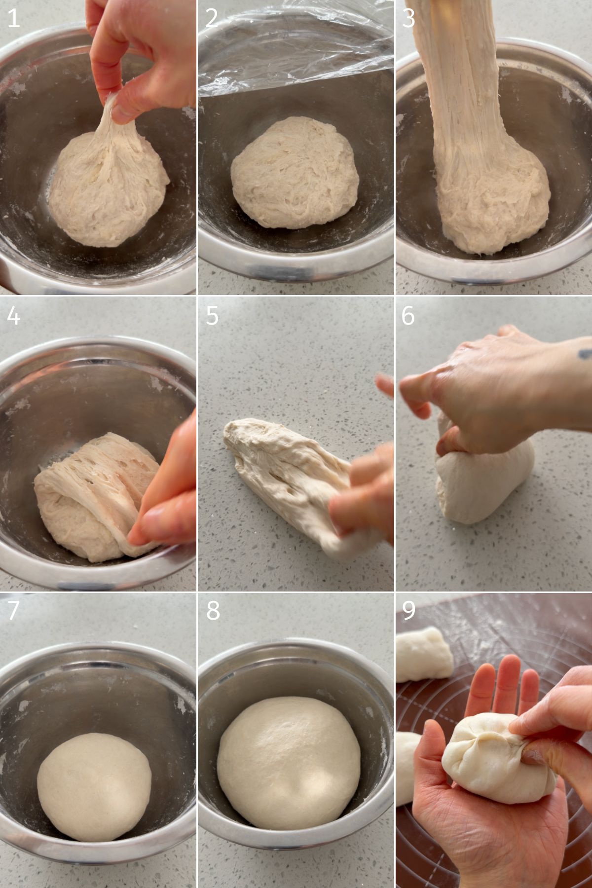 stretch and fold dough, making no knead dough in a metal bowl