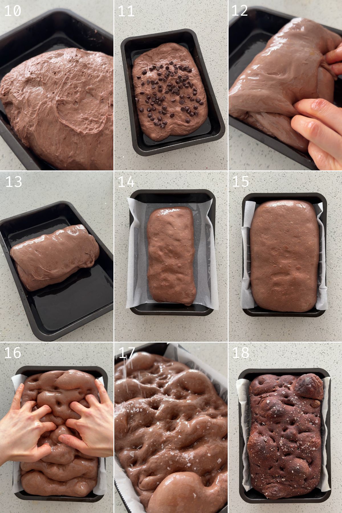 folding in chocolate into focaccia, dimpling and baking in a pan
