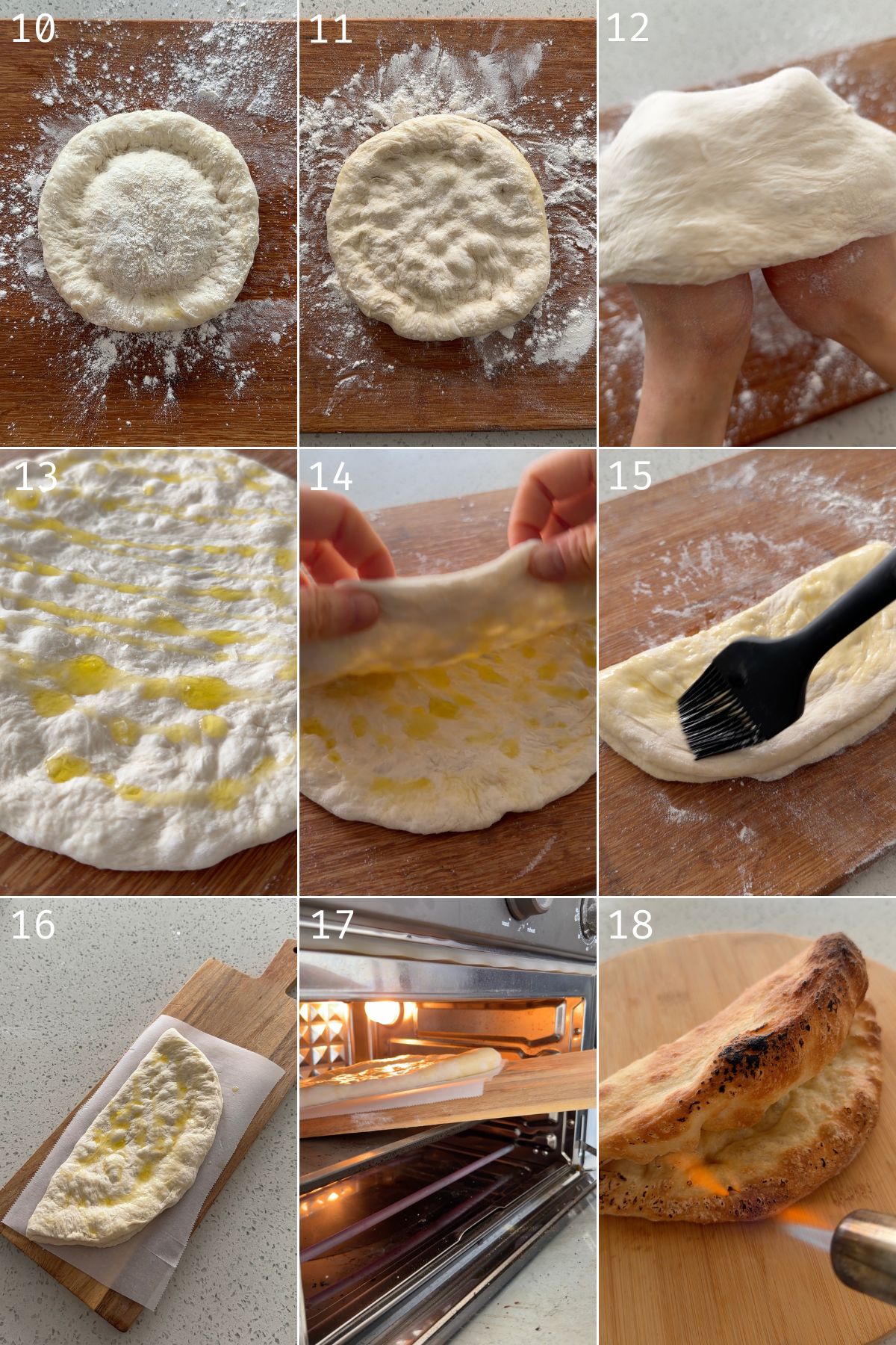 stretching pizza dough, drizzling dough with olive oil, folding in half to make panuozzo, baking pizza dough in home convection oven