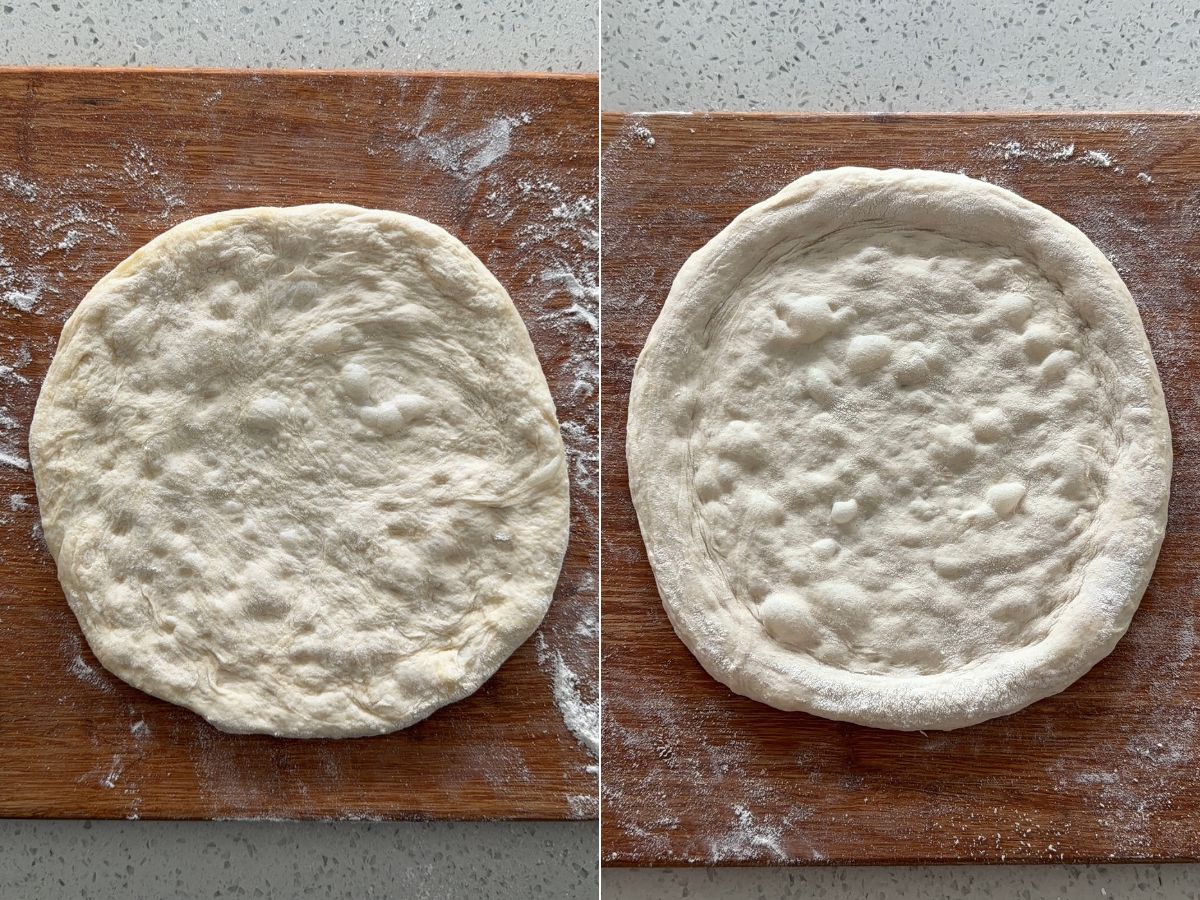 pizza sandwich dough stretched out on a wooden board