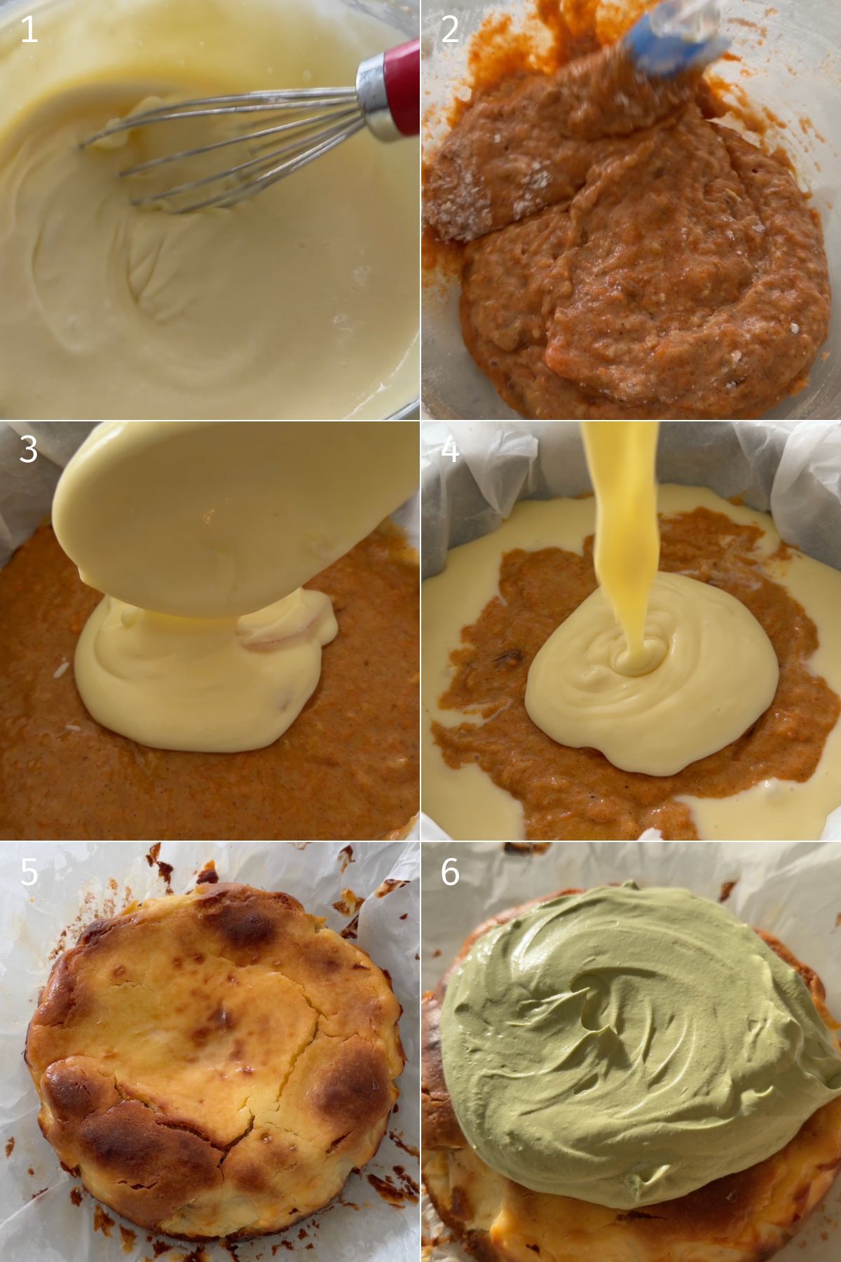 mixing cheesecake batter, mixing carrot cake batter, layering carrot cake and cheesecake, baking and topping with cream cheese whipped cream