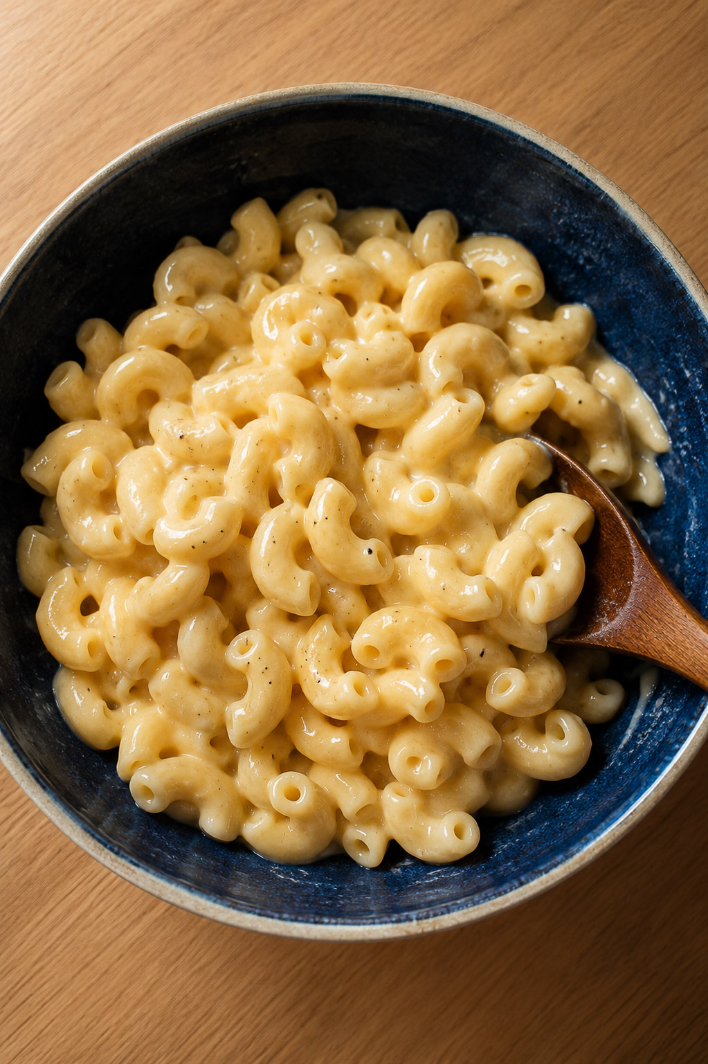 high protein cottage cheese mac and cheese in a dark blue bowl with a white rim with a wooden spoon on the side, close up shot